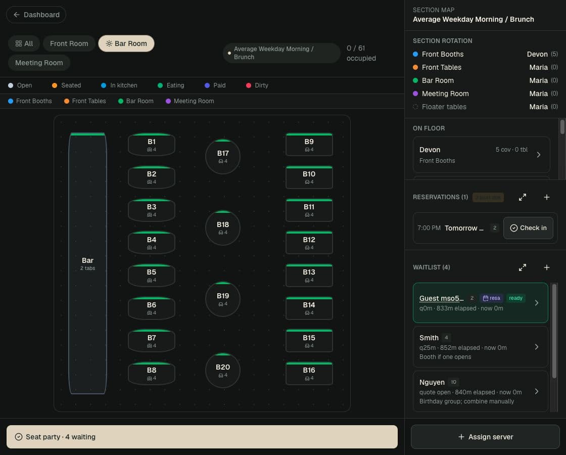 Ampia host stand with a live color-coded floor plan and waitlist
